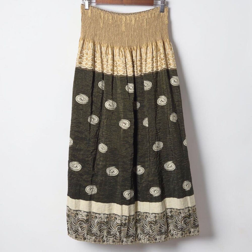 Lapis Anthropologie Gold Green Maxi Long Skirt One Size Embroidered Metallic